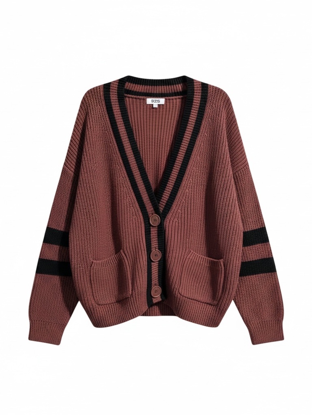 525 America Brick Brown Ribbed Cardigan with Black Stripes